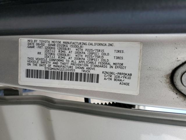 5TEGM92N12Z133353 - 2002 TOYOTA TACOMA DOUBLE CAB PRERUNNER SILVER photo 12