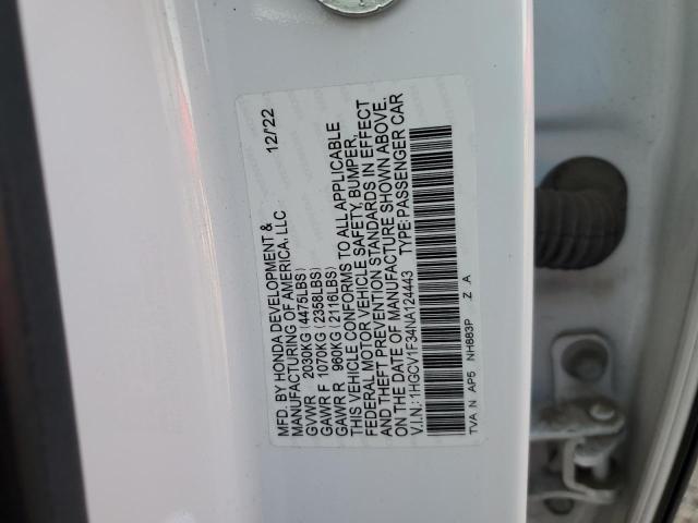 1HGCV1F34NA124443 - 2022 HONDA ACCORD SPORT WHITE photo 12