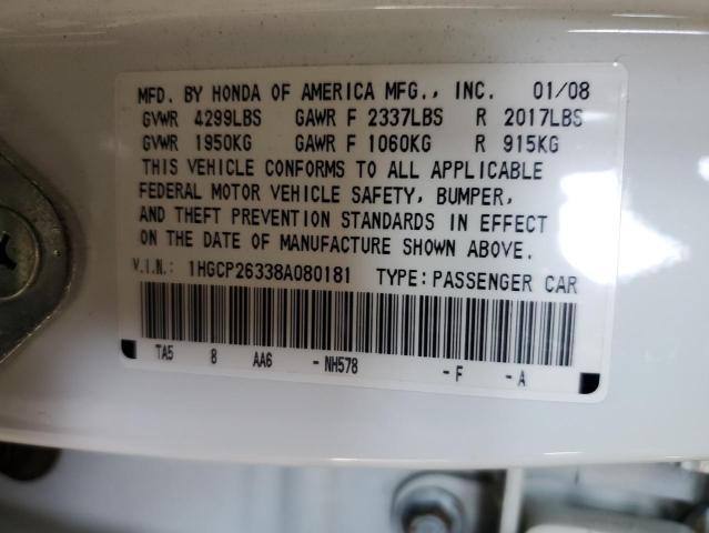 1HGCP26338A080181 - 2008 HONDA ACCORD LX أبيض صورة 12