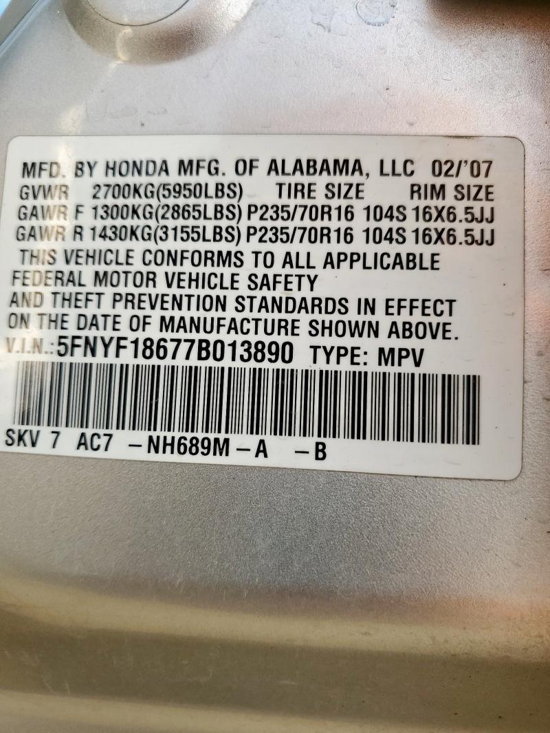 5FNYF18677B013890 - 2007 HONDA PILOT EXL 银色 照片 13