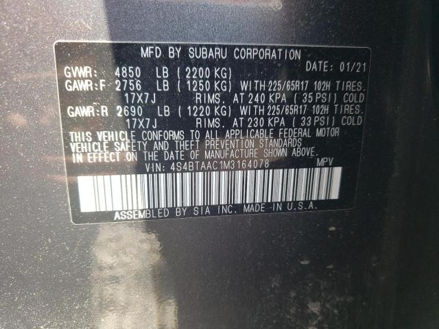 4S4BTAAC1M3164078 - 2021 SUBARU OUTBACK GRAY photo 14