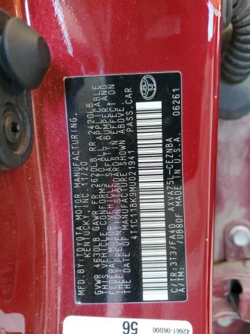 4T1C11BK9MU021941 - 2021 TOYOTA CAMRY LE RED photo 13
