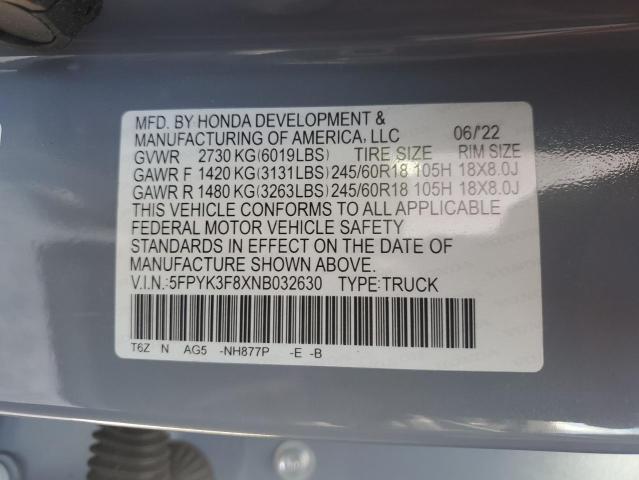 5FPYK3F8XNB032630 - 2022 HONDA RIDGELINE BLACK EDITION BLUE photo 13