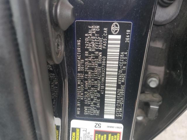4T1B11HKXKU279840 - 2019 TOYOTA CAMRY L 黑色 照片 12