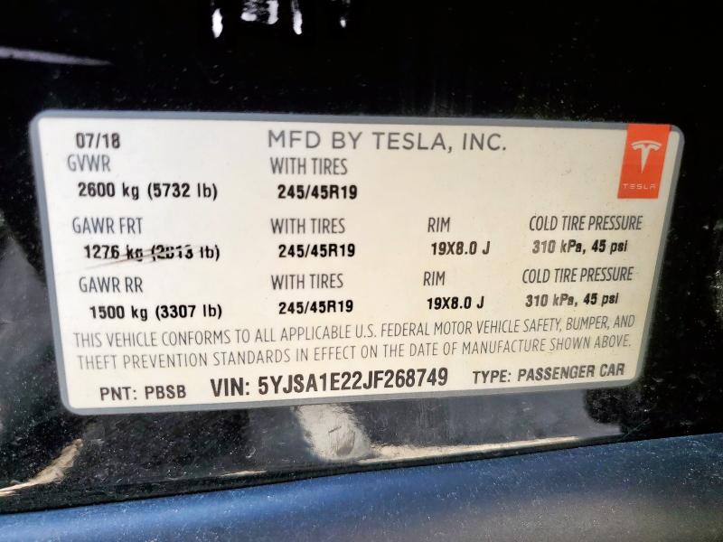 5YJSA1E22JF268749 - 2018 TESLA MODEL S Чорний фото 13