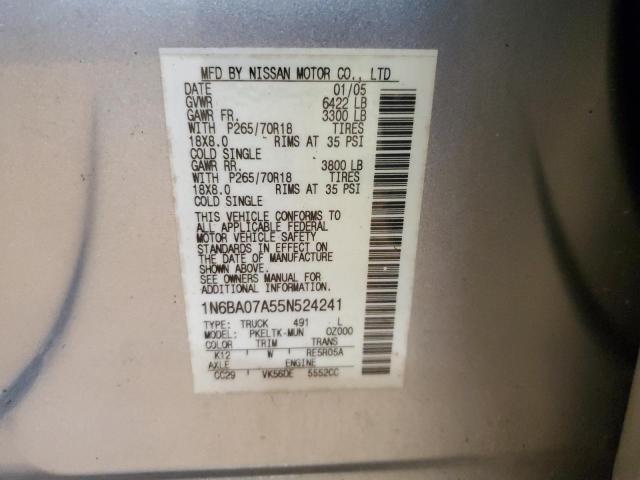 1N6BA07A55N524241 - 2005 NISSAN TITAN XE 银色 照片 12