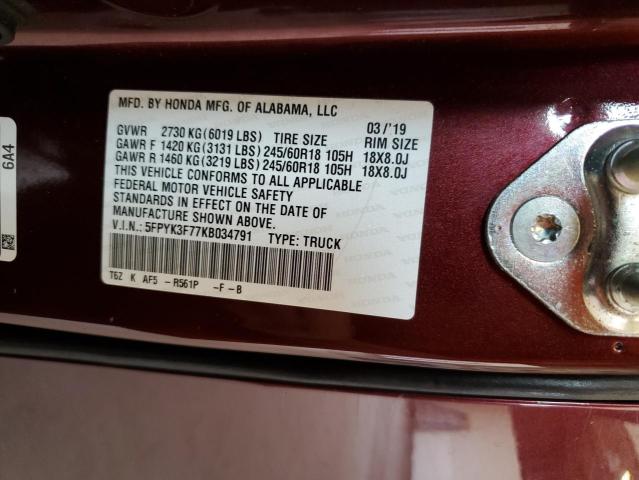 5FPYK3F77KB034791 - 2019 HONDA RIDGELINE RTL Bordo foto 12