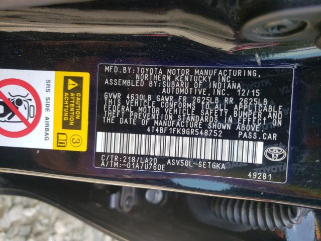 4T4BF1FK9GR548752 - 2016 TOYOTA CAMRY LE BLACK photo 13