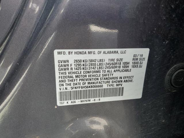 5FNYF6H56KB066660 - 2019 HONDA PILOT EXL GRAY photo 13