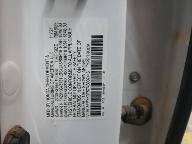5FPYK3F57NB007416 - 2022 HONDA RIDGELINE RTL Weiß Foto 12