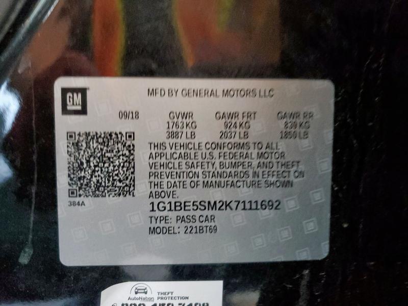 1G1BE5SM2K7111692 - 2019 CHEVROLET CRUZE LT BLACK photo 12