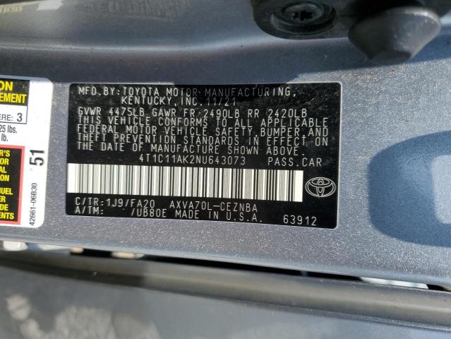 4T1C11AK2NU643073 - 2022 TOYOTA CAMRY LE ვერცხლისფერი ფოტო 12