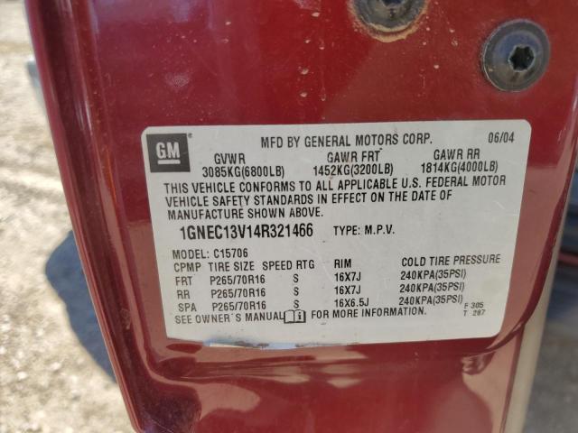 1GNEC13V14R321466 - 2004 CHEVROLET TAHOE C1500 MAROON photo 12