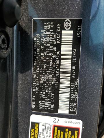 4T4BF3EK3AR007796 - 2010 TOYOTA CAMRY BASE GRAY photo 12