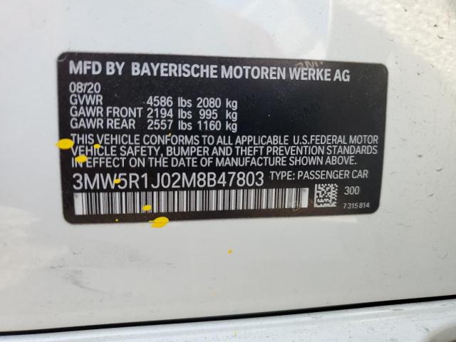 3MW5R1J02M8B47803 - 2021 BMW 330I WHITE photo 12