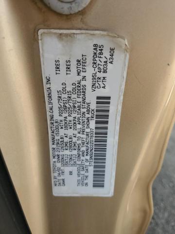 5TESN92N22Z078337 - 2002 TOYOTA TACOMA XTRACAB PRERUNNER ოქროსფერი ფოტო 12