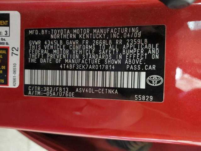 4T4BF3EK7AR017814 - 2010 TOYOTA CAMRY BASE წითელი ფოტო 12