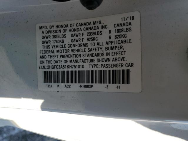 2HGFC3A51KH751010 - 2019 HONDA CIVIC SI WHITE photo 12