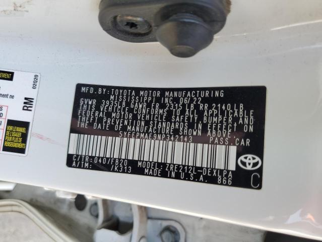 5YFEPMAE9NP342143 - 2022 TOYOTA COROLLA LE Սպիտակ լուսանկար 12