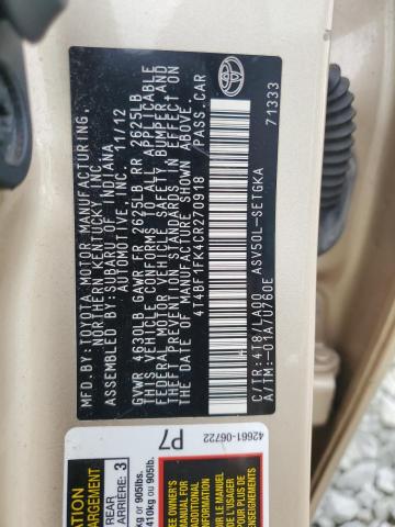 4T4BF1FK4CR270918 - 2012 TOYOTA CAMRY BASE 金色 照片 12
