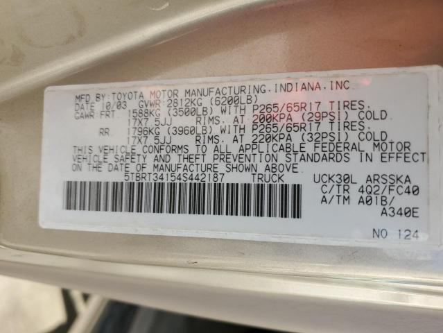 5TBRT34154S442187 - 2004 TOYOTA TUNDRA ACCESS CAB SR5 GOLD photo 12