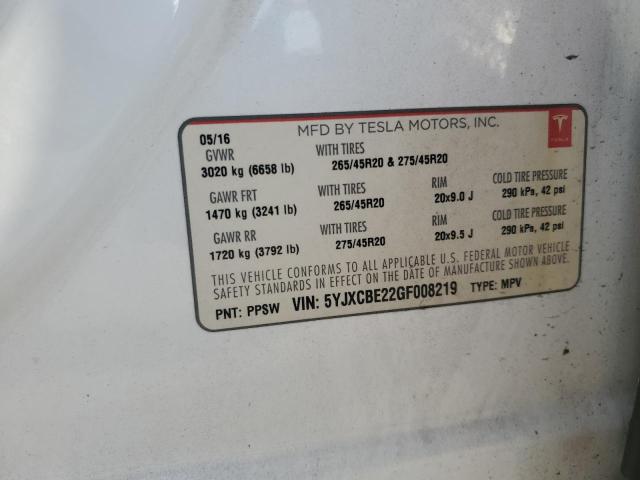 5YJXCBE22GF008219 - 2016 TESLA MODEL X WHITE photo 13
