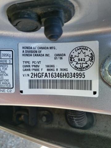 2HGFA16346H034995 - 2006 HONDA CIVIC DX VP SILVER photo 12