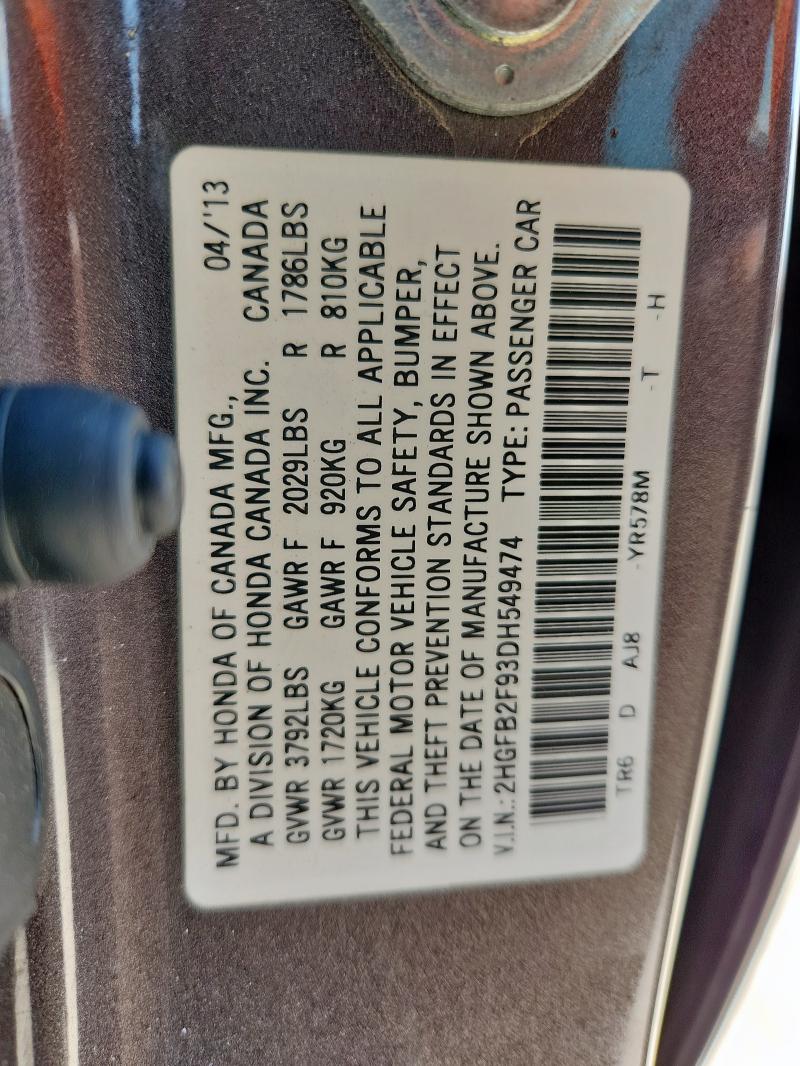 2HGFB2F93DH549474 - 2013 HONDA CIVIC EXL GRAY photo 12