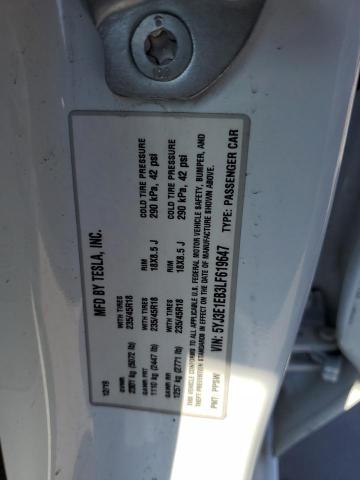 5YJ3E1EB3LF619647 - 2020 TESLA MODEL 3 WHITE photo 12