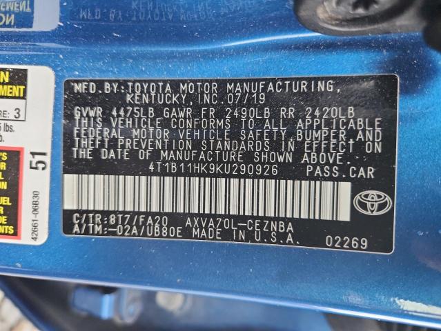 4T1B11HK9KU290926 - 2019 TOYOTA CAMRY L ლურჯი ფოტო 13