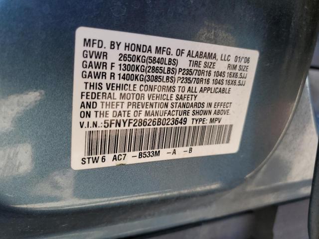 5FNYF28626B023649 - 2006 HONDA PILOT EX BLUE photo 13