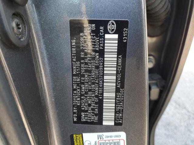 4T1BE46K57U098452 - 2007 TOYOTA CAMRY CE GRAY photo 12
