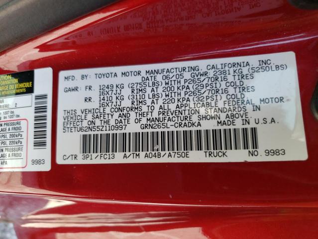 5TETU62N55Z110997 - 2005 TOYOTA TACOMA PRERUNNER ACCESS CAB RED photo 12