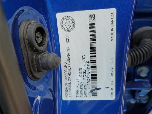 2HGFC2F76MH010147 - 2021 HONDA CIVIC EX 蓝色 照片 12