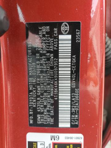 4T1BK46K49U097952 - 2009 TOYOTA CAMRY SE RED photo 12