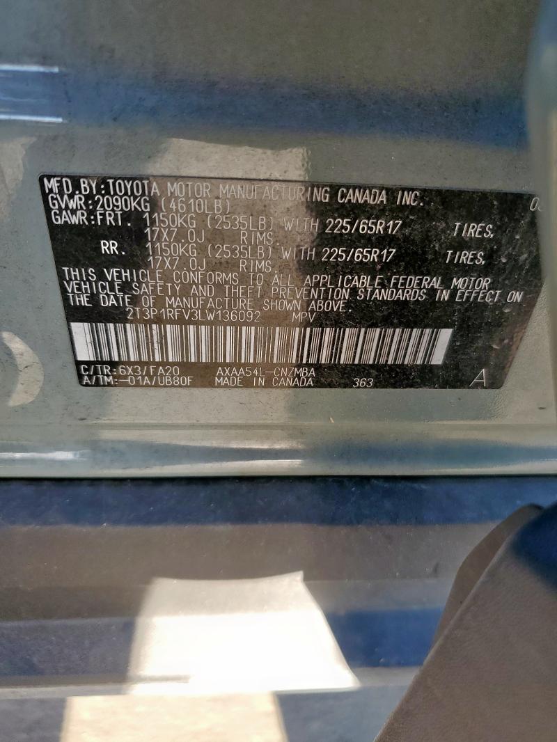 2T3P1RFV3LW136092 - 2020 TOYOTA RAV4 XLE GRAY photo 14