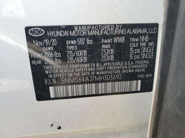 5NMS64AJ7MH303692 - 2021 HYUNDAI SANTA FE SEL თეთრი ფოტო 13
