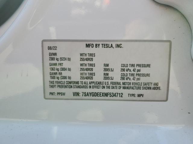 7SAYGDEEXNF534712 - 2022 TESLA MODEL Y WHITE photo 14