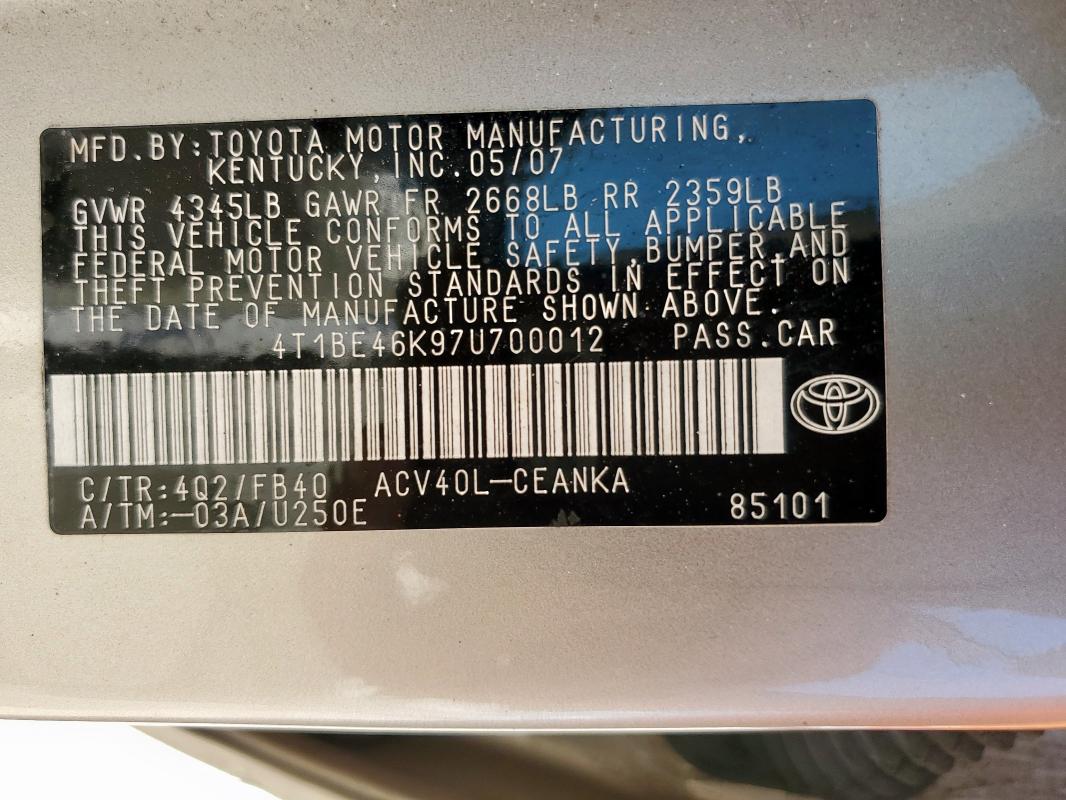 4T1BE46K97U700012 - 2007 TOYOTA CAMRY CE GOLD photo 12