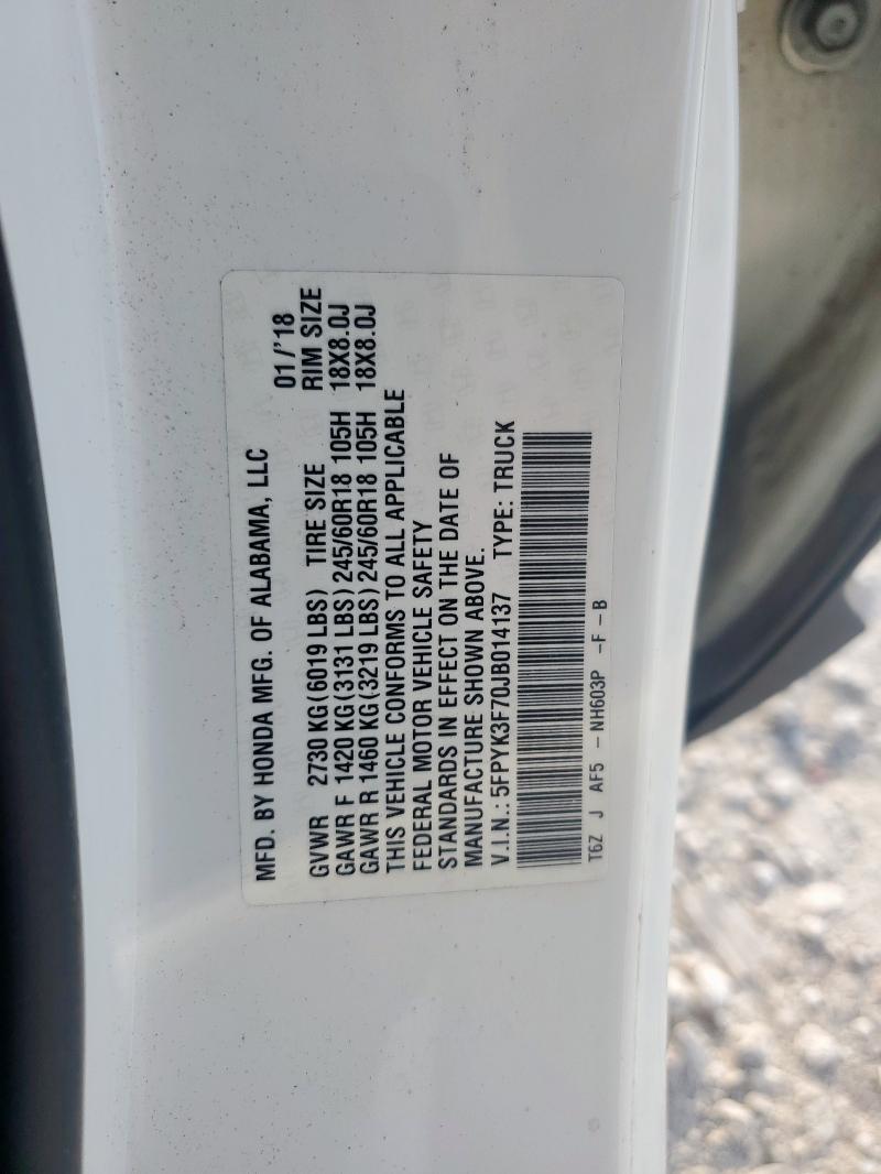 5FPYK3F70JB014137 - 2018 HONDA RIDGELINE RTL Սպիտակ լուսանկար 12