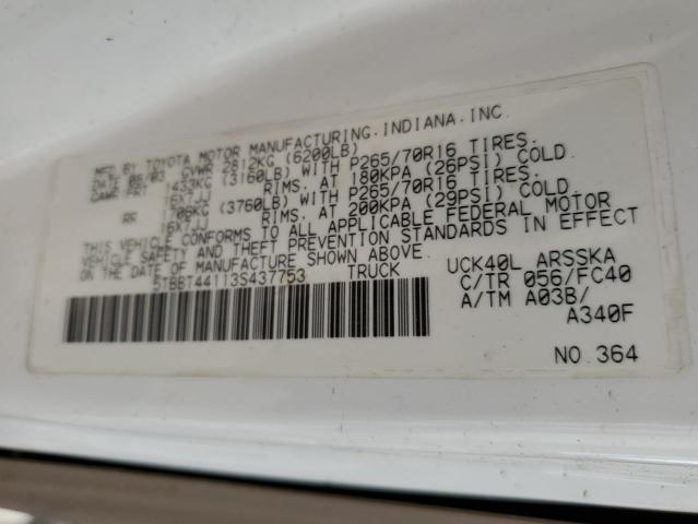 5TBBT44113S437753 - 2003 TOYOTA TUNDRA ACCESS CAB SR5 WHITE photo 12