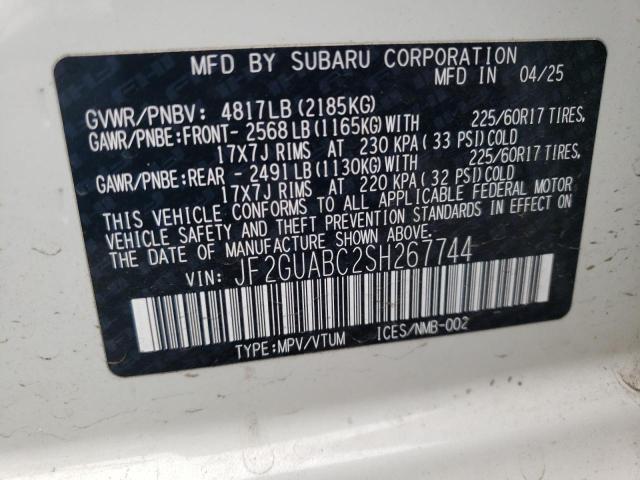 JF2GUABC2SH267744 - 2025 SUBARU CROSSTREK WHITE photo 13