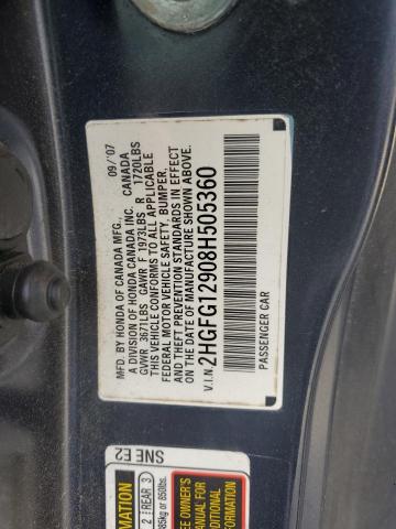 2HGFG12908H505360 - 2008 HONDA CIVIC EXL ლურჯი ფოტო 12