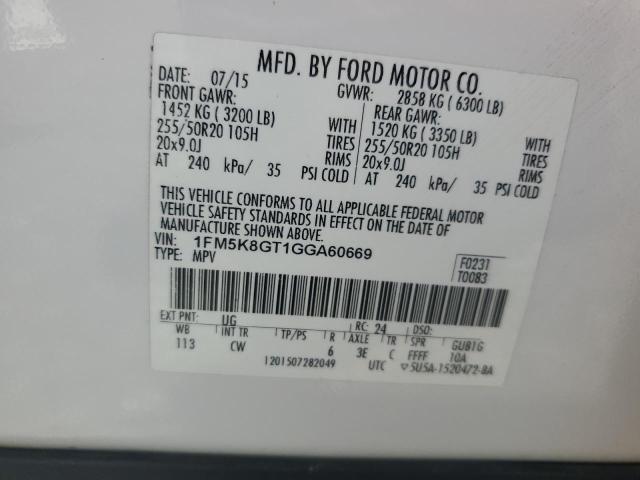 1FM5K8GT1GGA60669 - 2016 FORD EXPLORER SPORT WHITE photo 13