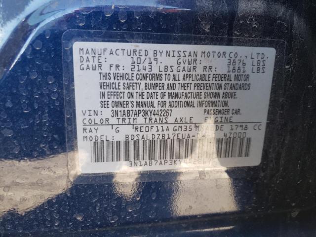 3N1AB7AP3KY442267 - 2019 NISSAN SENTRA S BLUE photo 13