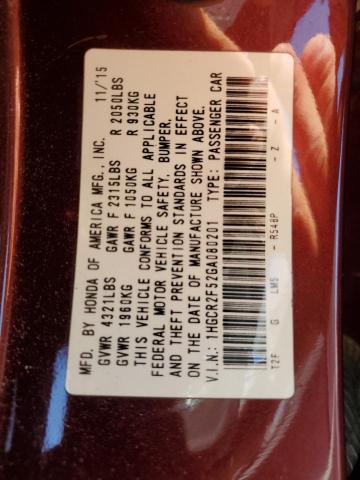 1HGCR2F52GA080201 - 2016 HONDA ACCORD SPORT 勃艮第红 照片 12
