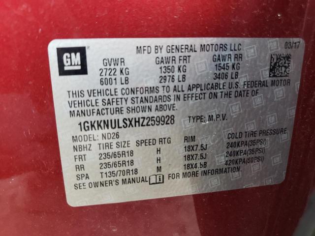 1GKKNULSXHZ259928 - 2017 GMC ACADIA SLT-1 勃艮第红 照片 12