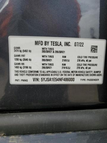 5YJSA1E54NF486000 - 2022 TESLA MODEL S Գրաֆիտ լուսանկար 12