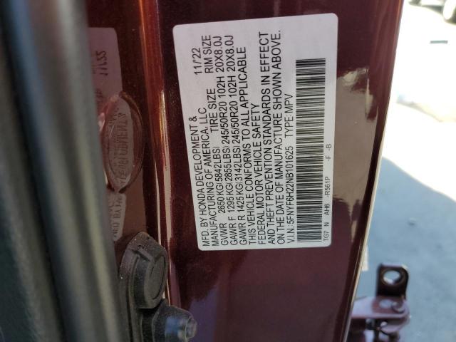 5FNYF6H22NB101625 - 2022 HONDA PILOT SE MAROON photo 12