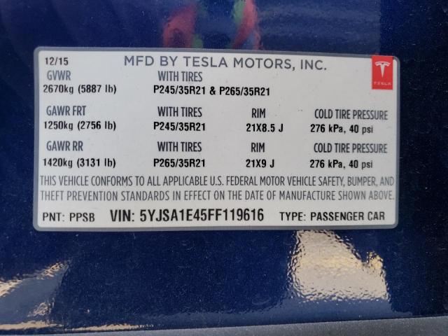 5YJSA1E45FF119616 - 2015 TESLA MODEL S Կապույտ լուսանկար 12